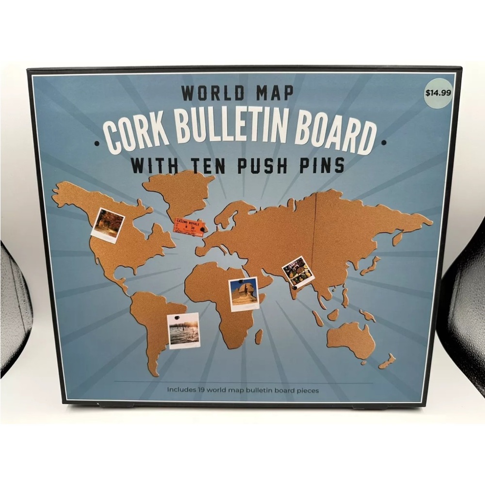 World Map Cork Bulletin Board with 10 Push Pins